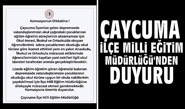 Çaycuma İlçe Milli Eğitim Müdürlüğü'nden duyuru