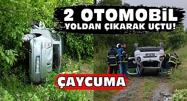 İki otomobil yoldan çıkarak uçtu!