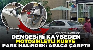 Dengesini kaybeden motosikletli kurye park halindeki araca çarptı
