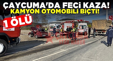 Çaycuma'da feci kaza! Kamyon otomobili biçti!