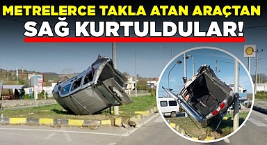 Metrelerce takla atan araçtan sağ kurtuldular!