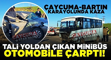 Tali yoldan çıkan minibüs otomobile çarptı!