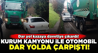 Kurum kamyonu ile otomobil dar yolda çarpıştı!