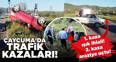 Çaycuma'da trafik kazaları! Biri ışık ihlali yaptı, diğeri uçtu!