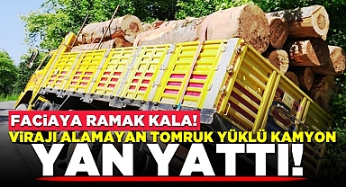 Virajı alamayan tomruk yüklü kamyon yan yattı!