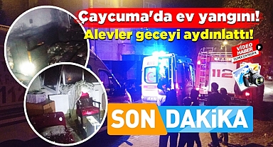 Çaycuma'da ev yangını! Alevler geceyi aydınlattı!