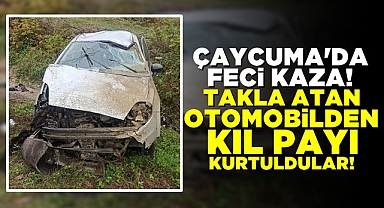 Çaycuma'da feci kaza! Takla atan otomobilden kıl payı kurtuldular!