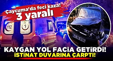 Kaygan yol facia getirdi! İstinat duvarına çarptı! 3 yaralı