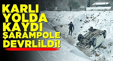 Filyos-Derecikören yolunda kaza! Karlı yolda kaydı şarampole devrildi!