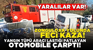 Zonguldak yolunda feci kaza! Yangın tüpü aracı lastiği patlayan otomobile çarptı!