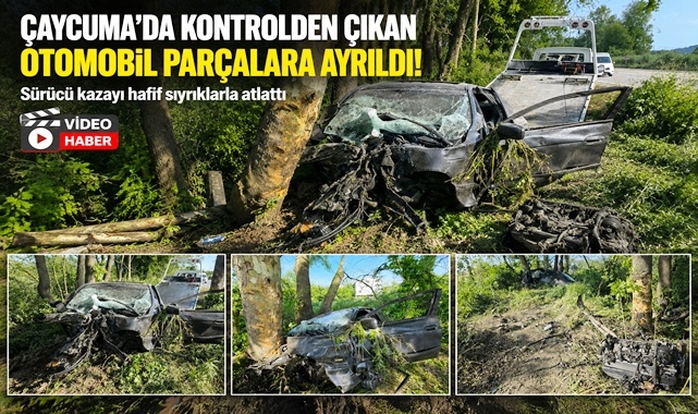Çaycuma'da kontrolden çıkan otomobil parçalara ayrıldı, ağaca çarptı!