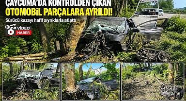 Çaycuma'da kontrolden çıkan otomobil parçalara ayrıldı, ağaca çarptı!