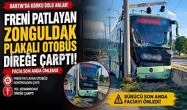 Freni patlayan Zonguldak plakalı otobüs direğe çarptı!