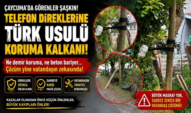 Görenler şaşkın! Çaycuma'da telefon direklerine Türk usulü koruma kalkanı!